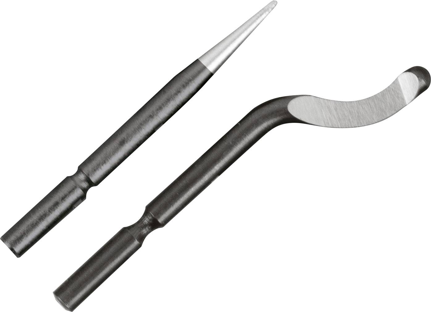 Špička pájecího tužky (špičatá) a špička nástrojem na odspájování (zakřivená) jsou zobrazeny vedle sebe, což zdůrazňuje jejich různé tvary.