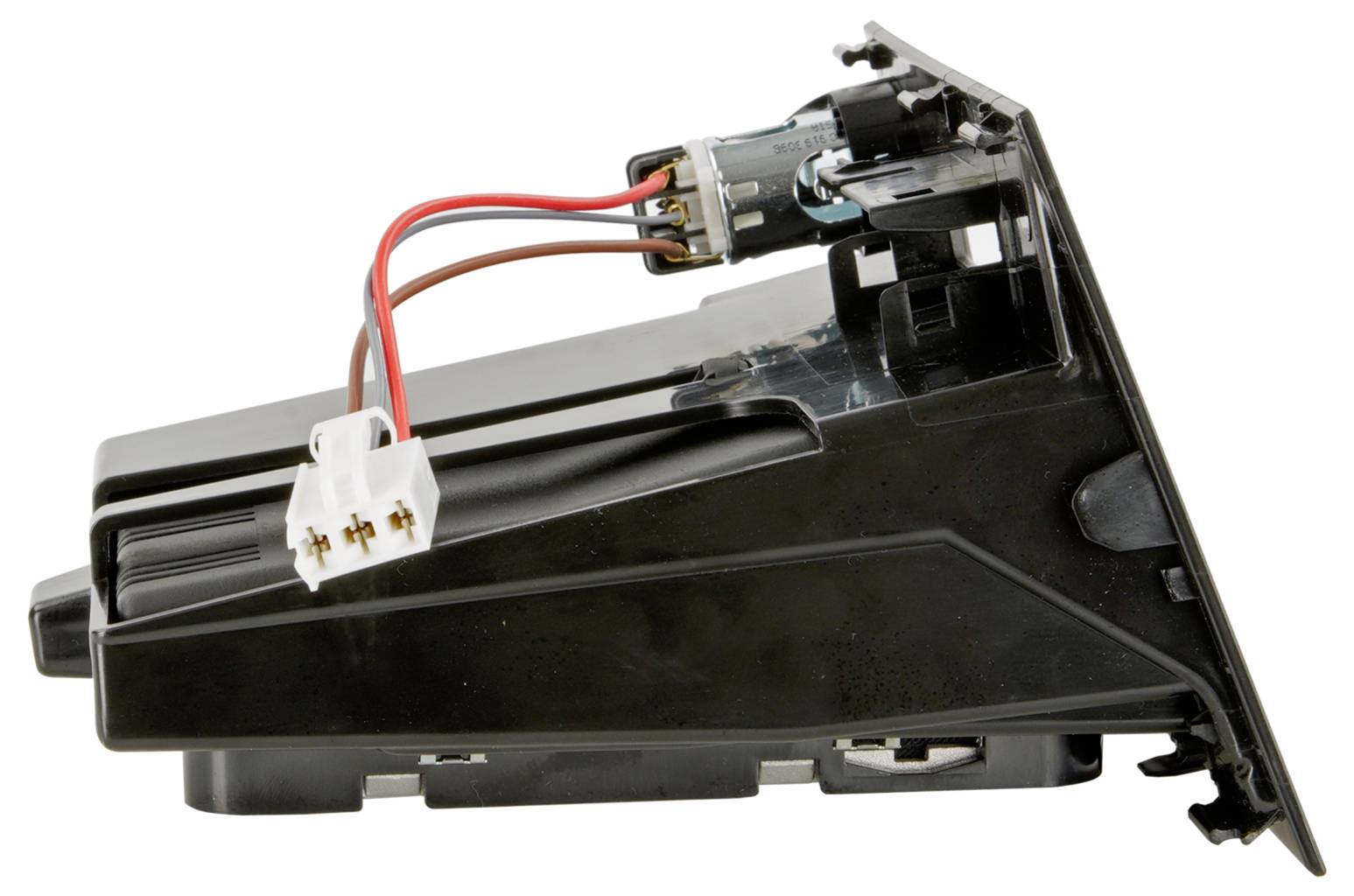 Černá plastová automobilová elektronická sestava s připojeným konektorem kabeláže a motorem, zobrazena izolovaně na bílém pozadí.
