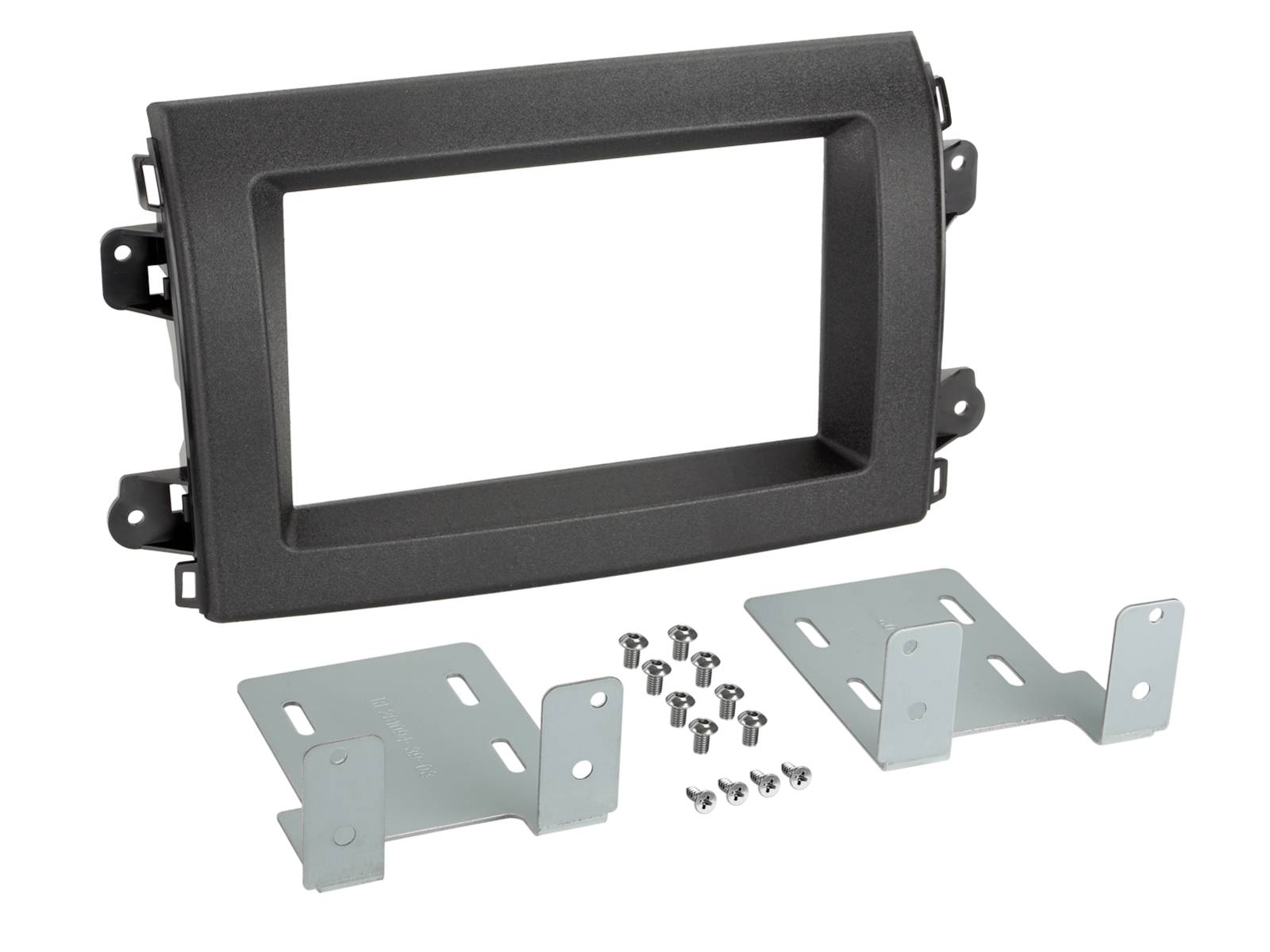 Autostereo přední panel s černým obdélníkovým zdobením, dvěma stříbrnými montážními závorkami a šrouby na bílém pozadí.