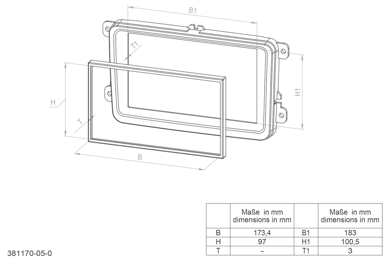 Technický nákres obdélníkového pouzdra s víkem a rámem zobrazující rozměry B 173,4 mm, H 97 mm, B1 183 mm, H1 100,5 mm a T1 3 mm.