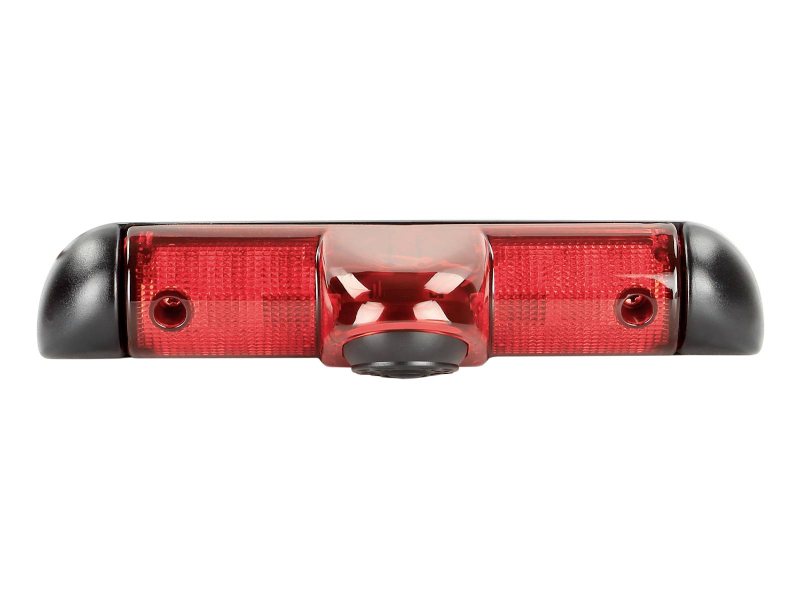 Červené zadní kolo bicyklu se dvěma bočními LED diodami a středovou čočkou na bílém pozadí.