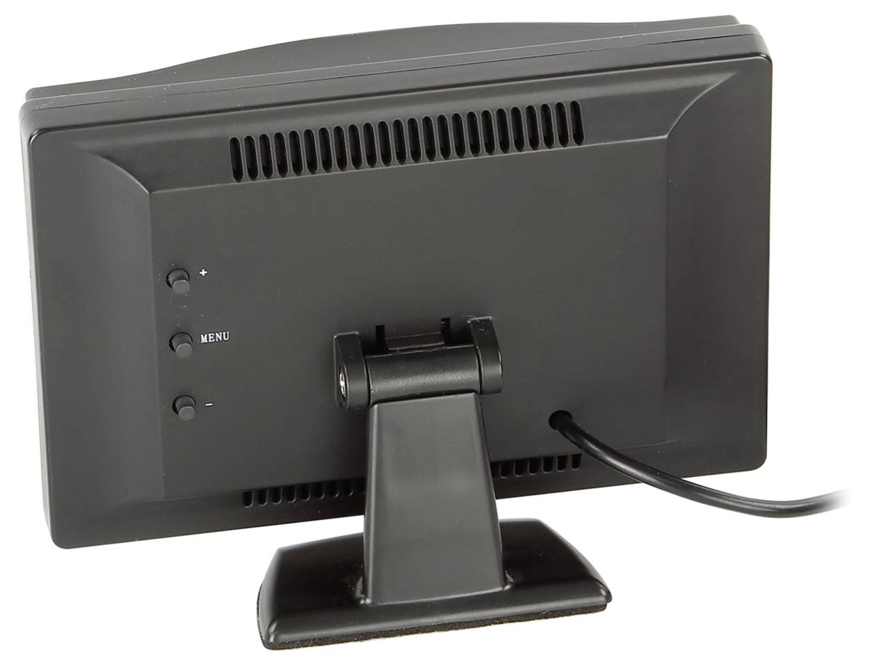 Zadní pohled na malý černý LCD monitor na stojanu s ovládacími tlačítky na levé straně a připojeným napájecím kabelem.