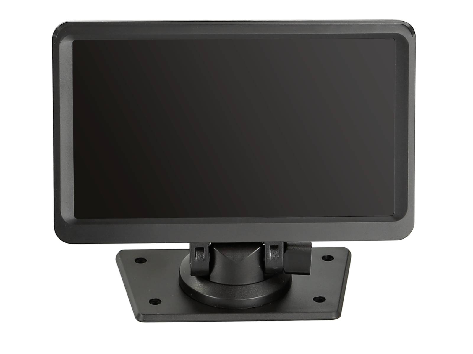 Černý obdélníkový monitor nebo obrazovka Display mounted na otočné základně s plochým držákem standu, izolovaný na bílém pozadí.