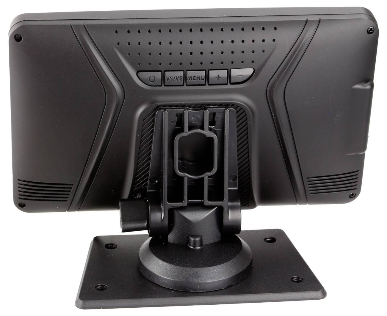 Zadní pohled na namontovaný LCD monitor na otočném podstavci s ovládacími tlačítky a ventilačními otvory.