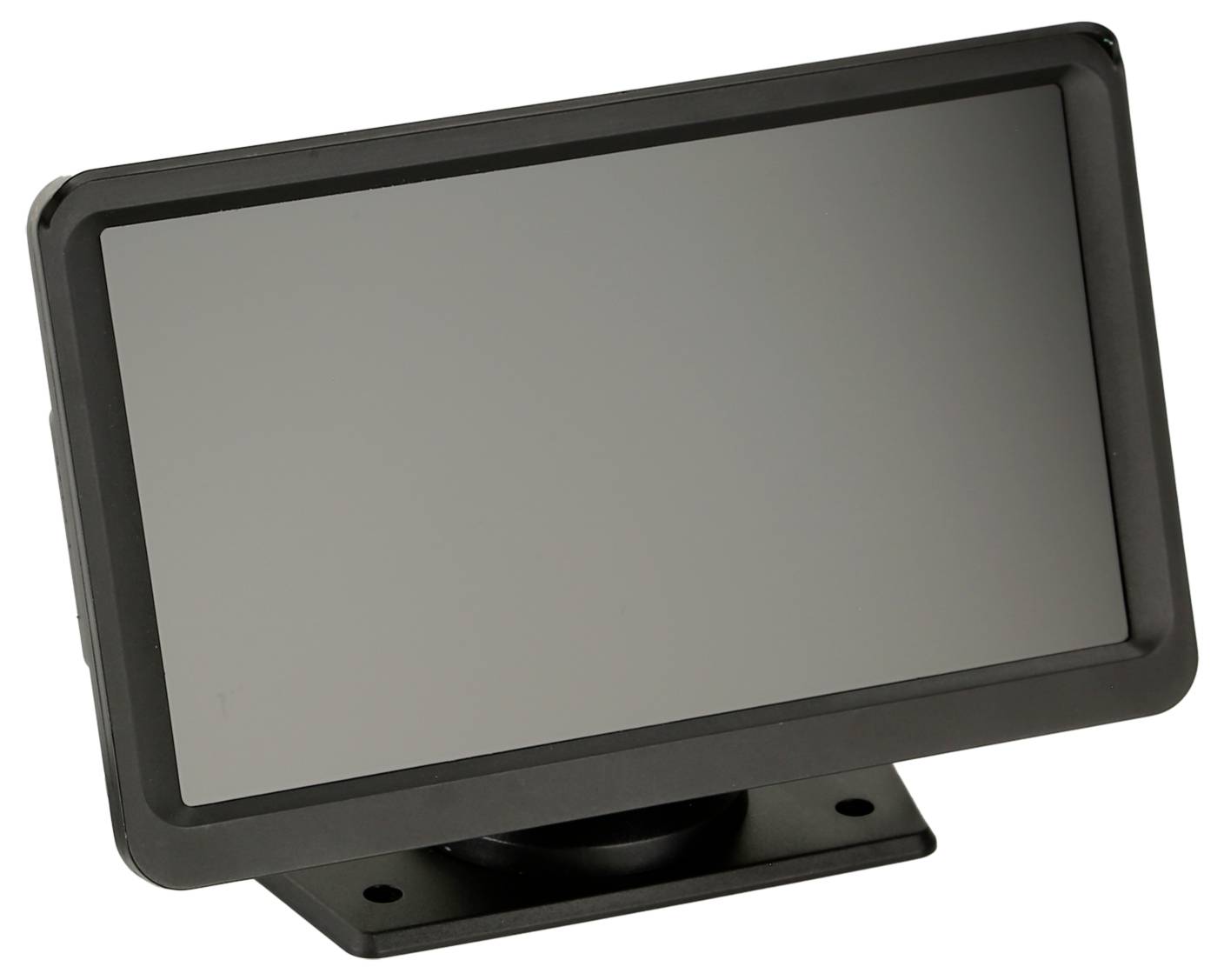 Černý monitor nebo displej v širokém formátu na stojanu, zobrazený v mírném úhlu na bílém pozadí.