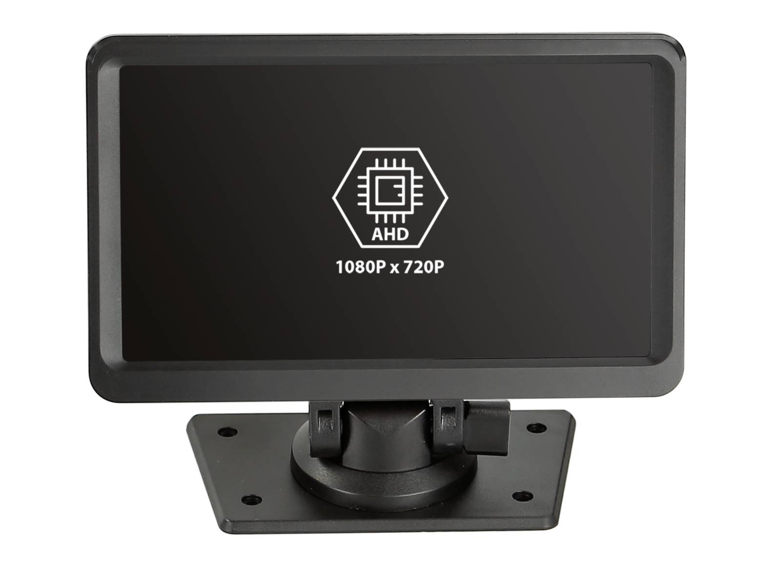 Černý AHD monitor zobrazující '1080P x 720P' na montážním stojanu.