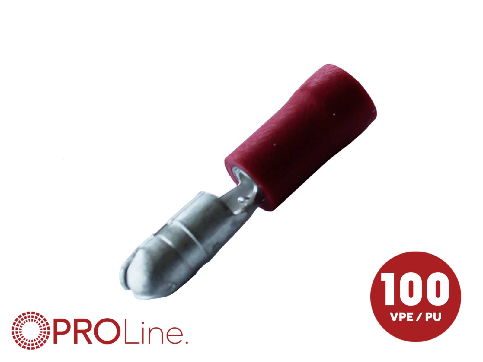 Červený izolovaný lisovací konektor s logem PROLine a označením "100 VPE/PU" na bílém pozadí.