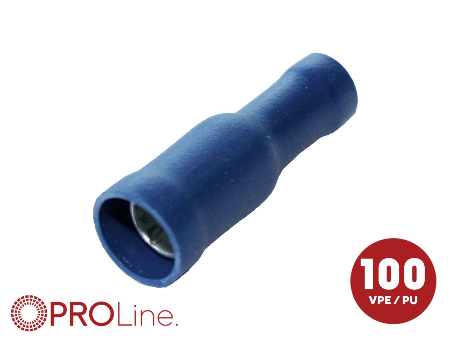 Modrý izolovaný krimpovací konektor s ženským koncem, označený PROLine a '100 VPE/PU'.