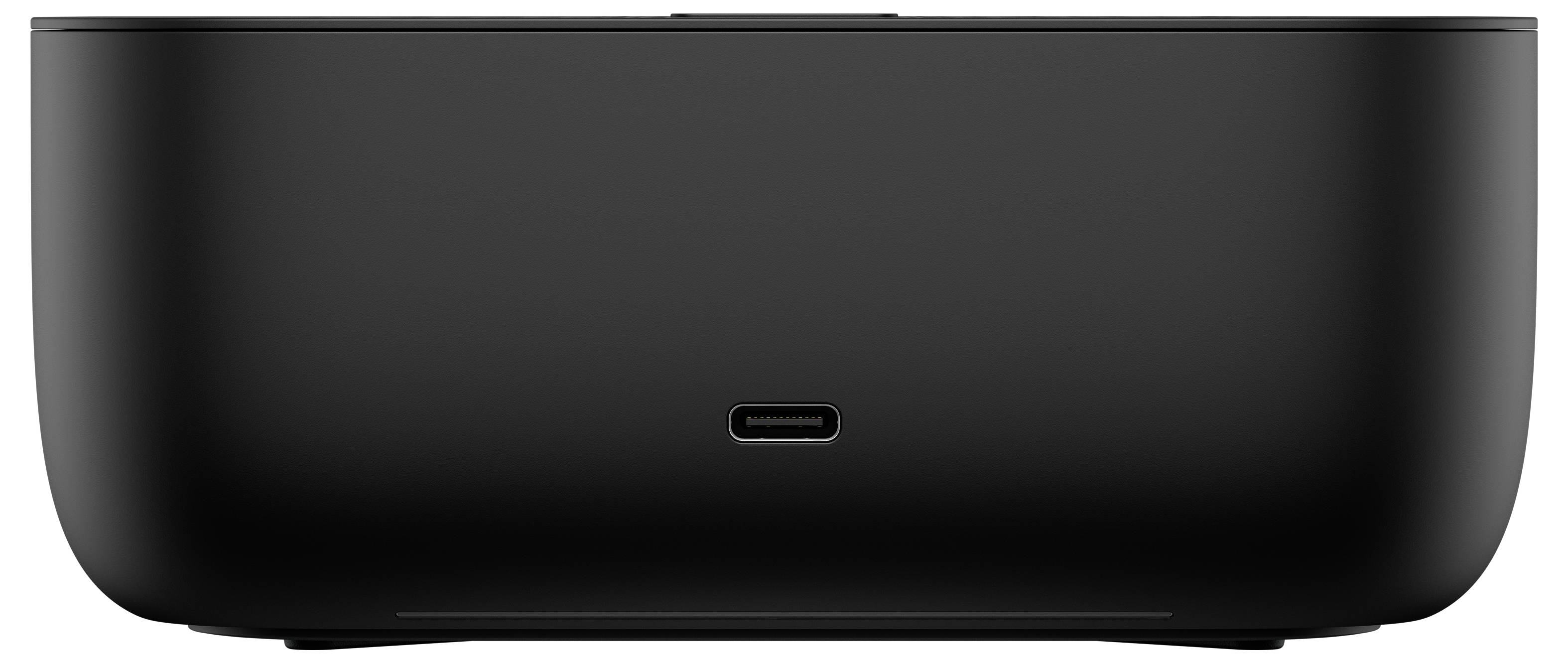 'Černé elektronické zařízení s jedním portem USB-C umístěným uprostřed spodní strany, pohled zepředu, zobrazující minimalistický design.'