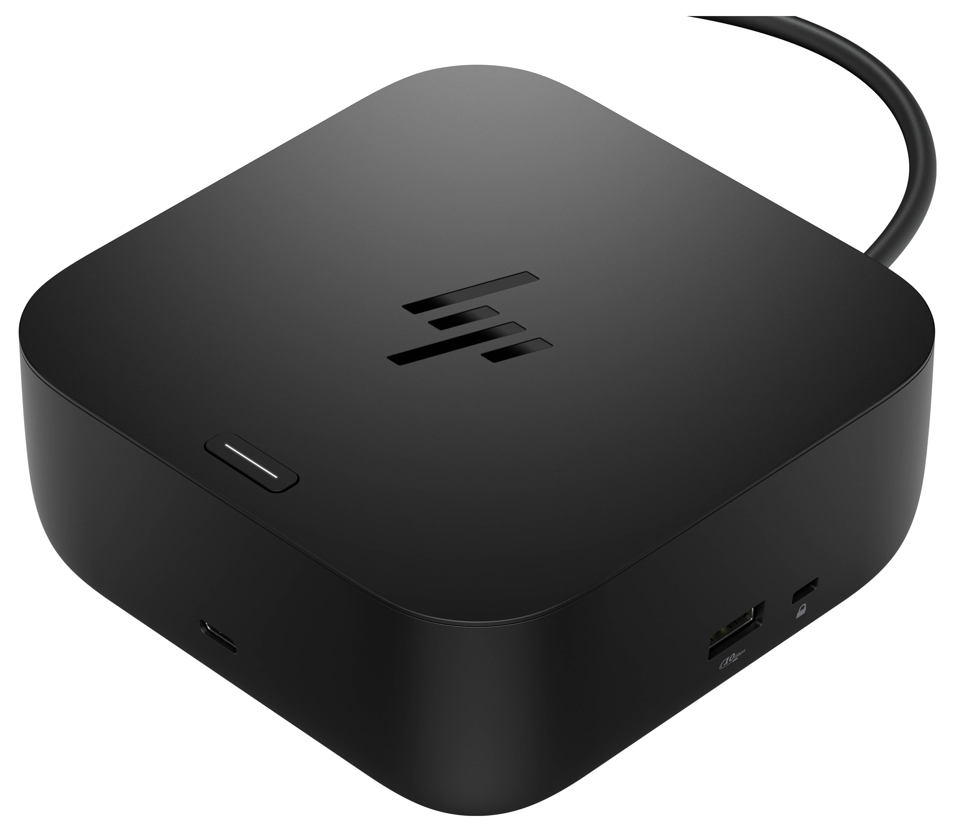 Černá elektronická dokovací stanice s připojeným kabelem. Na vrcholu má logo a na boku má více portů pro připojení.