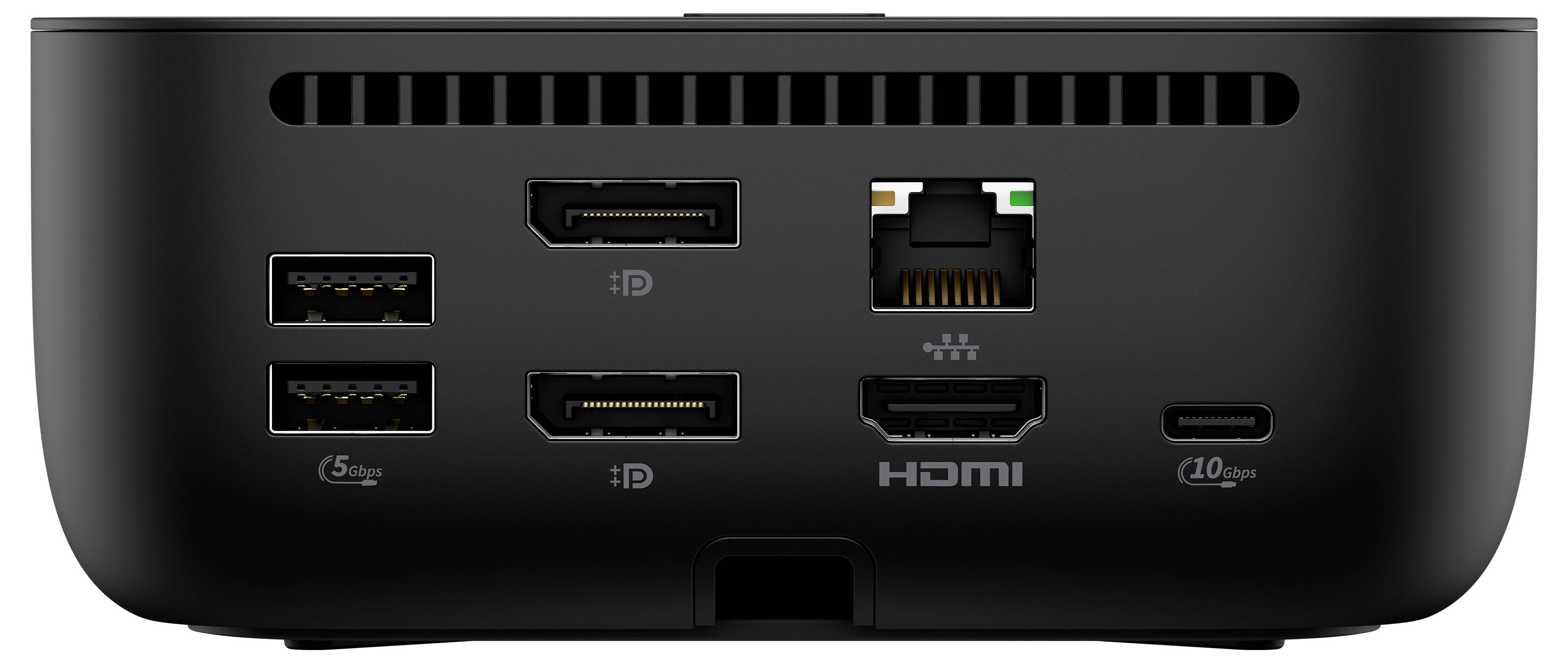 Obrázek ukazuje zadní panel černého elektronického zařízení s více porty, včetně USB, HDMI, DisplayPort, Ethernetu a USB-C.