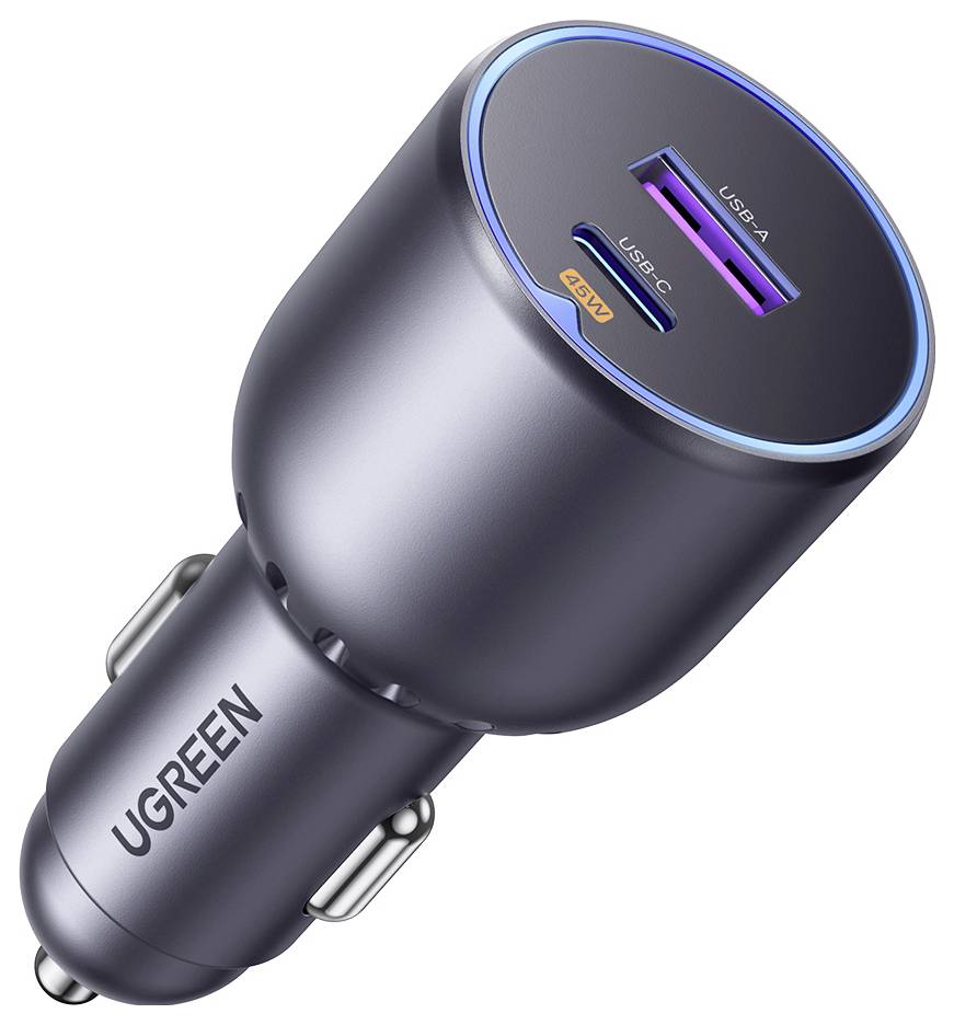 Kovový autonabíječ UGREEN s porty USB-A a USB-C, určený pro rychlé nabíjení elektronických zařízení.
