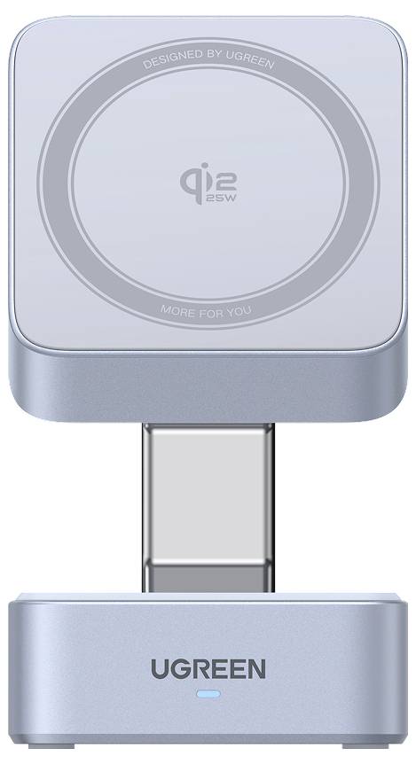 Bezdrátová nabíječka "UGREEN", zobrazující kompatibilní nabíjecí podložku "Qi 2 25W" ve stříbrné barvě, navržená pro mobilní zařízení, s moderním designem.