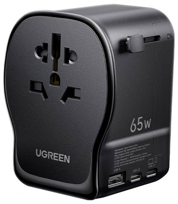 UGREEN S550 65W Universal Travel Adapter cestovní nabíječka, GaN, USB-C®, USB A, 65 W, QC 4+, černá, šedá