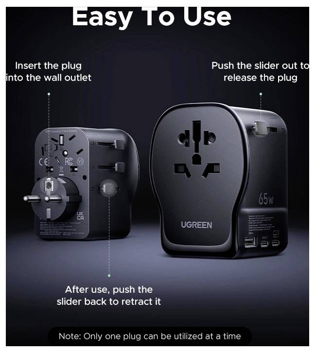 UGREEN S550 65W Universal Travel Adapter cestovní nabíječka, GaN, USB-C®, USB A, 65 W, QC 4+, černá, šedá-1