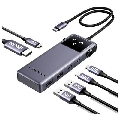 Dokovací stanice UGREEN Uno s HDMI a vícenásobnými porty USB-C/USB-A zobrazená, připojená s kabely označenými „10G" pro přenos dat.