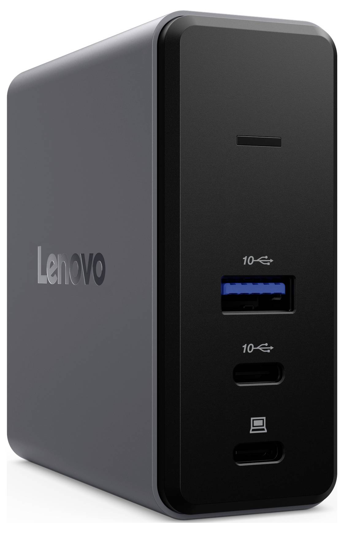 Obrázek dokovací stanice Lenovo s více porty USB na přední straně, určené pro připojení různých zařízení k počítači.