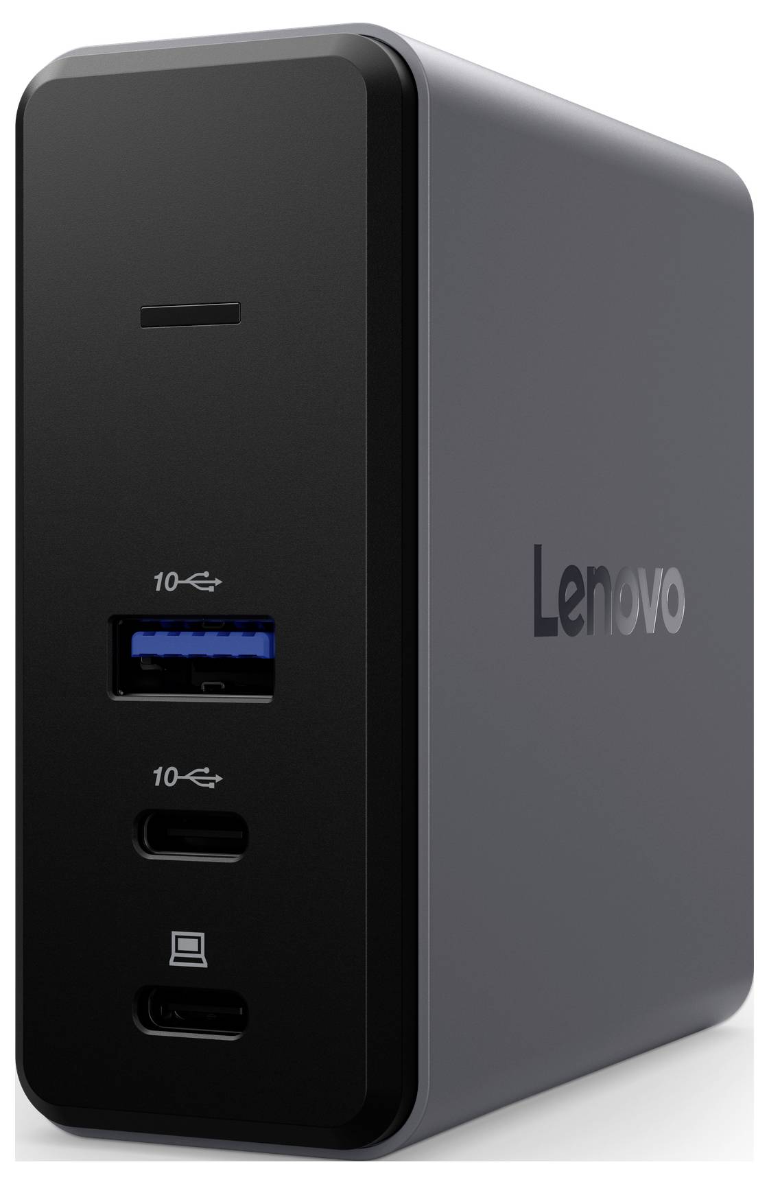 Dokovací stanice Lenovo s dvěma porty USB-C a jedním portem USB-A na přední straně, navržená pro připojování a nabíjení zařízení.