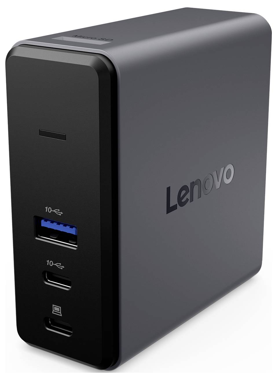 Šedá dokovací stanice Lenovo s více USB porty a elegantním designem, která se používá k připojení periferních zařízení k notebookům nebo počítačům.