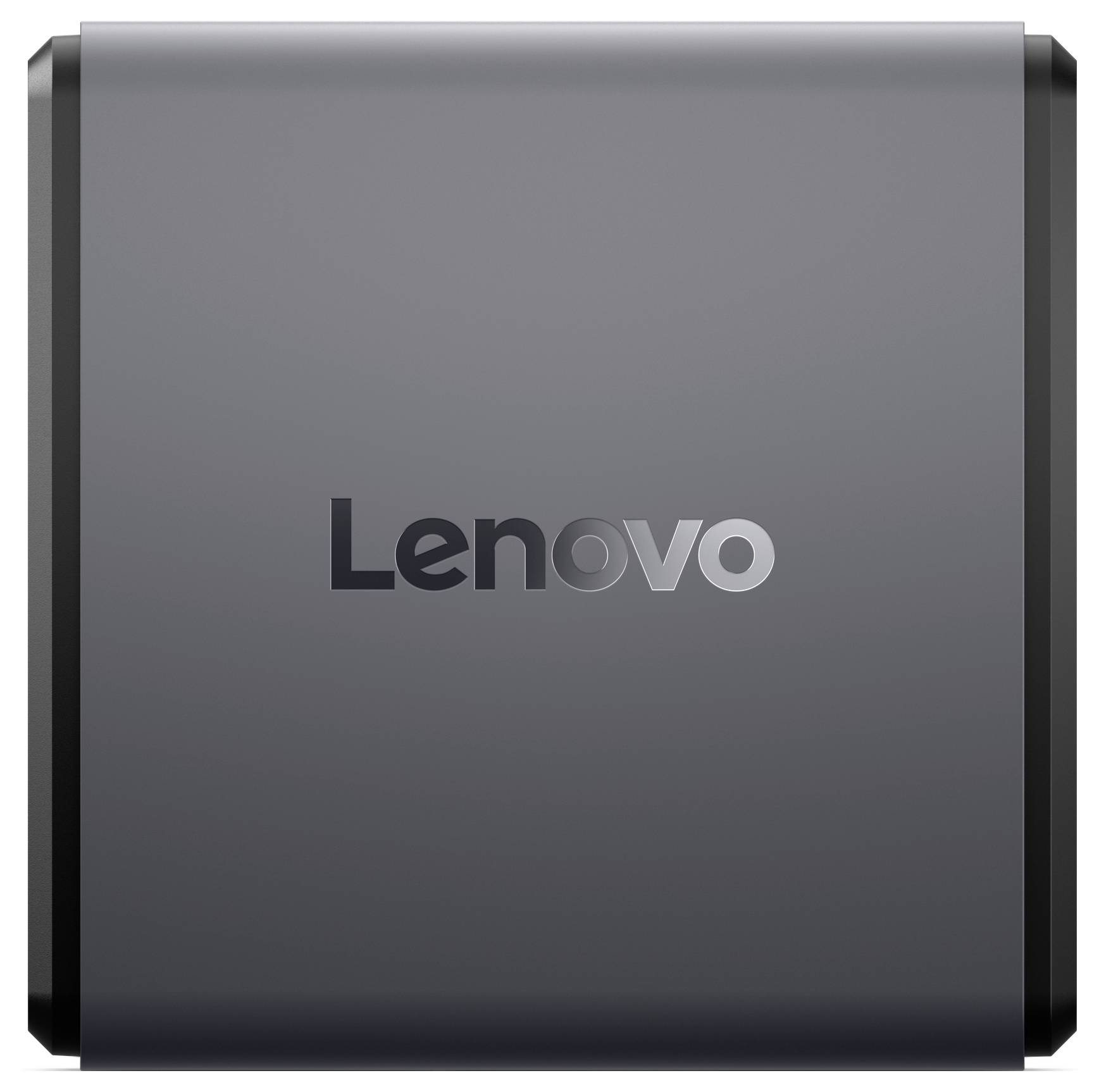 Uzavřený Lenovo laptop se šedým povrchem. Logo Lenovo je vycentrováno na víku.