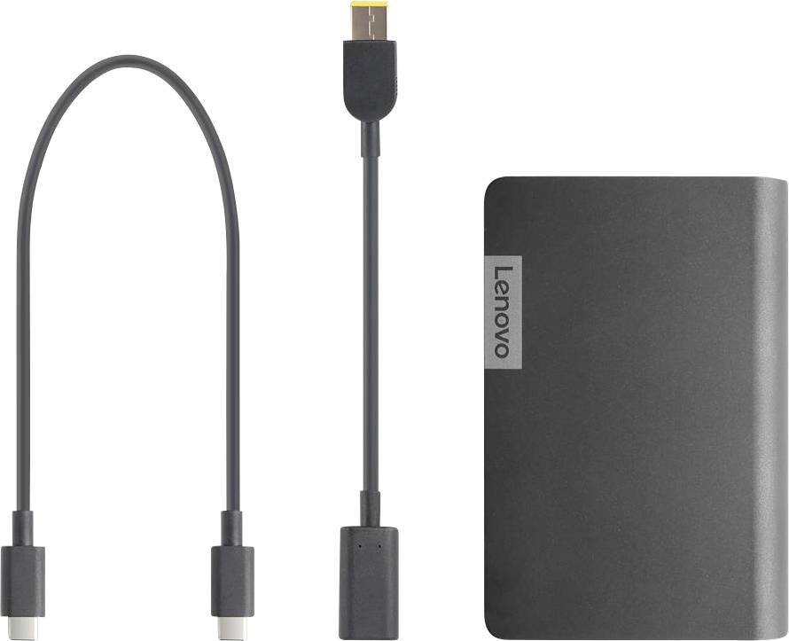 'Je zobrazena externí pevný disk Lenovo a dva propojovací kabely, které zvýrazňují možnosti úložiště a konektivity.'