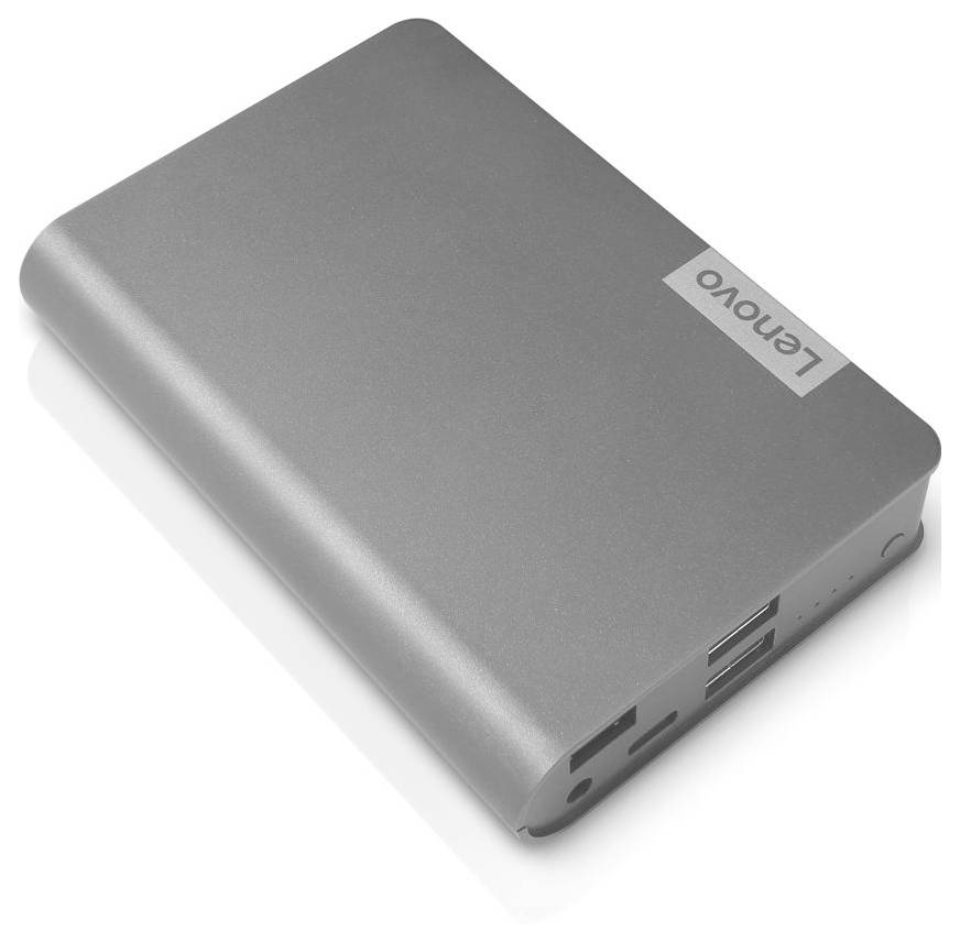 Stříbrná externí pevná jednotka s logem „Lenovo" nahoře, která má na straně více portů USB.