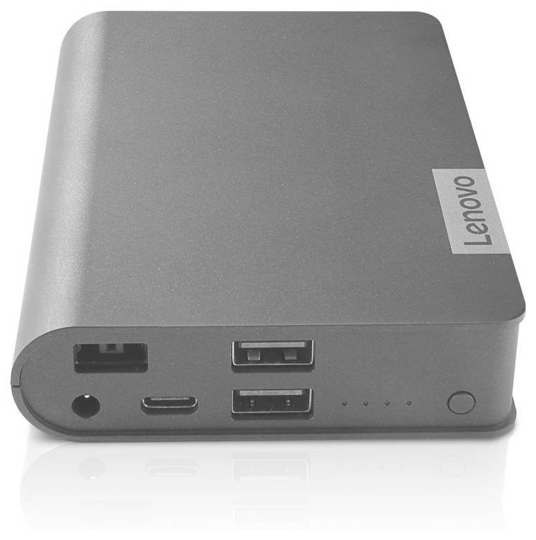 Kompaktní dokovací stanice Lenovo s více porty pro připojení, včetně USB a přívodu napájení, navržená pro efektivní správu zařízení.