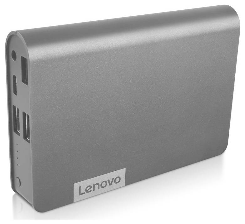 Stříbrná powerbanka Lenovo s více USB porty na jedné straně, navržená pro nabíjení elektronických zařízení při cestování.