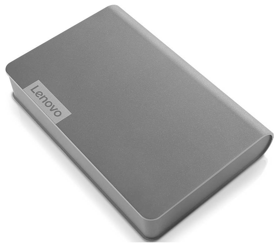 Pevný disk se štíhlým šedým designem, s logem "Lenovo".