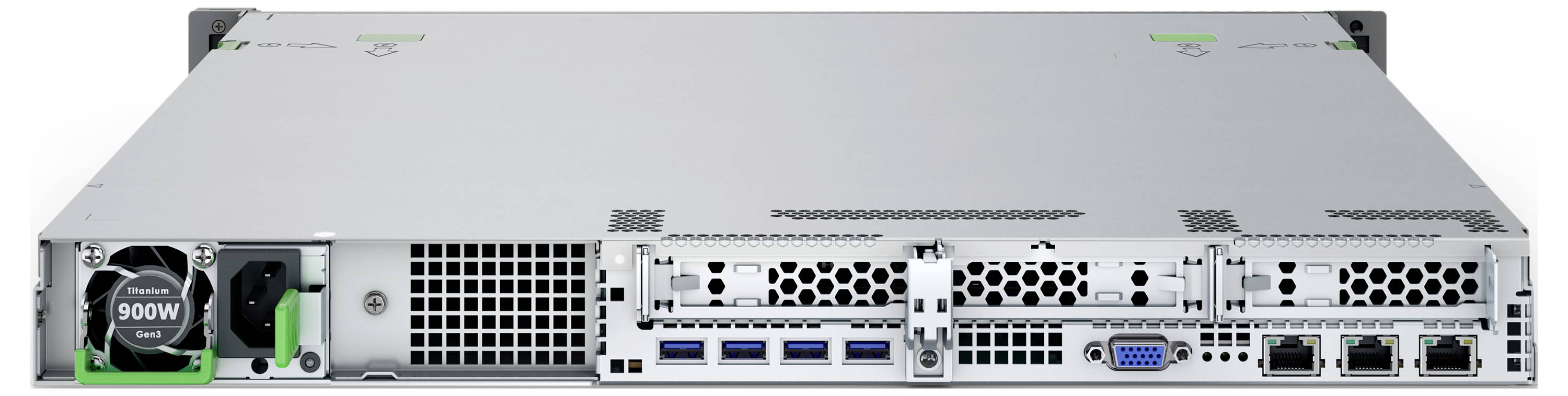 Síťový server s viditelnou jednotkou zdroje napájení, USB porty a Ethernetové připojení na zadním panelu.