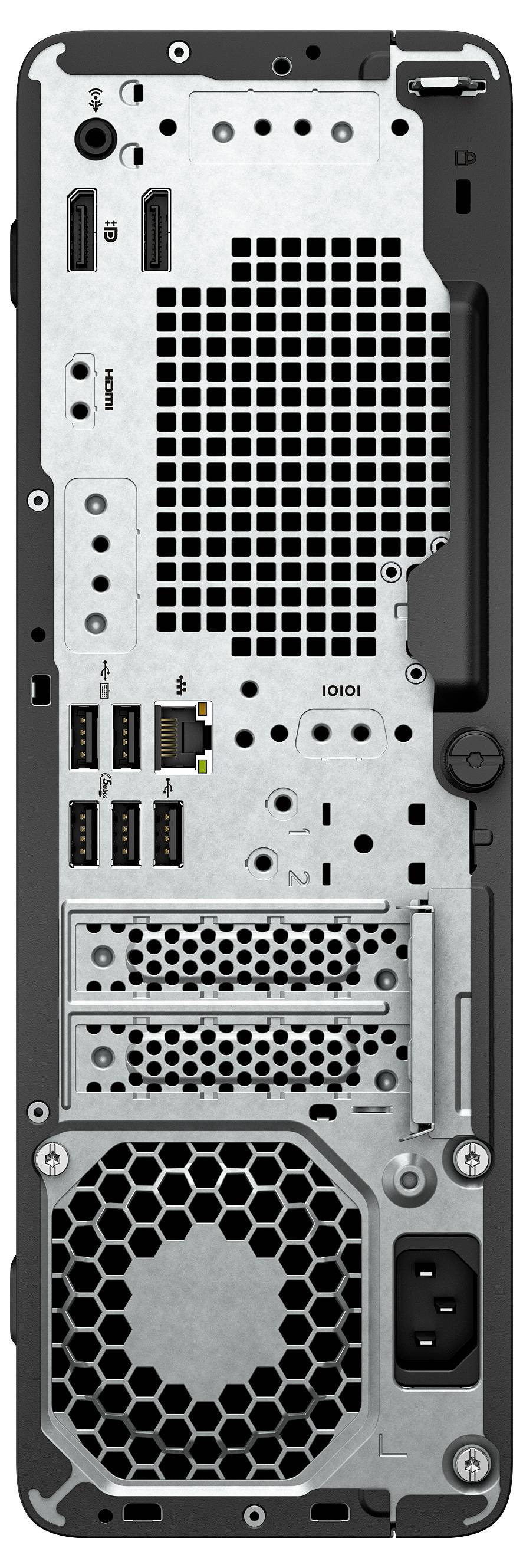 Obrázek zobrazuje zadní panel počítačové skříně s různými porty, včetně USB, HDMI a Ethernetu, spolu s ventilačními mřížkami.