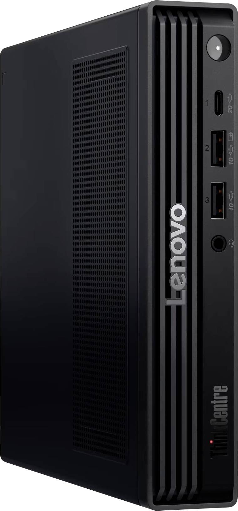 Černý stolní počítač Lenovo ThinkCentre s ventilačními otvory na boku a více USB porty, tlačítkem napájení a sluchátkovým jackem na přední desce.