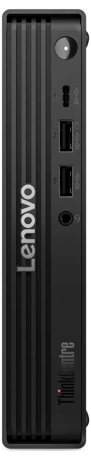 Hubený, černý stolní mini počítač Lenovo s předními porty USB, tlačítkem napájení a viditelným značením, stojící svisle.