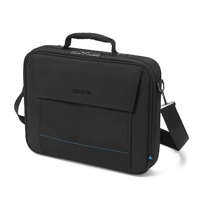 Černá obdélníková brašna na laptop s rukojetí, popruhem přes rameno a předním kapsou, vhodná pro přepravu a ochranu notebooku.