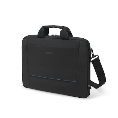 Černá taška na notebook s rukojetí a odnímatelným popruhem přes rameno, určená pro přepravu a ochranu notebooků, má minimalistický design.