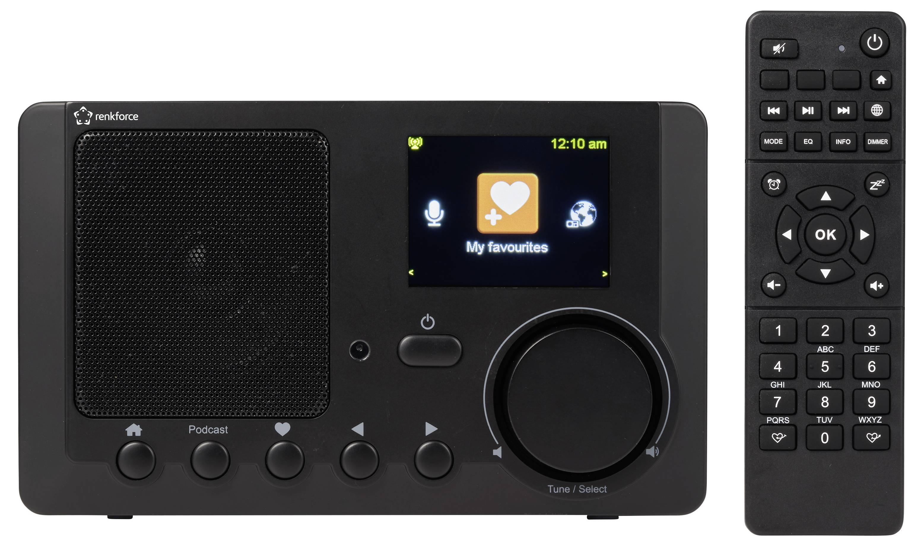 Černé digitální rádio s barevným displejem zobrazujícím "Moje oblíbené" a dálkový ovladač vedle něj.