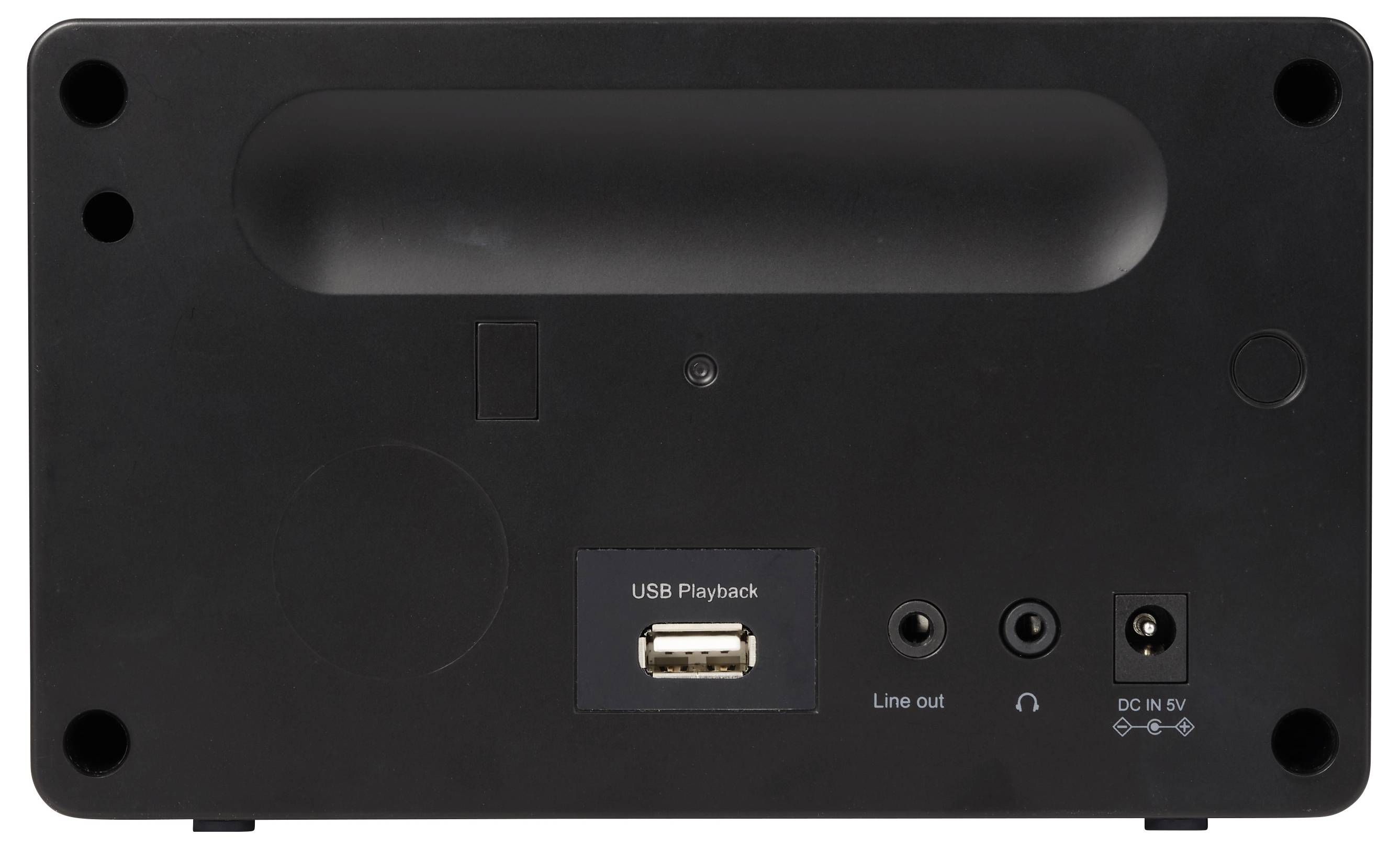 Zadní panel černého elektronického zařízení s USB přehrávacím portem, výstupem linie, jack na sluchátka, vstupem 5V DC a montážními otvory.