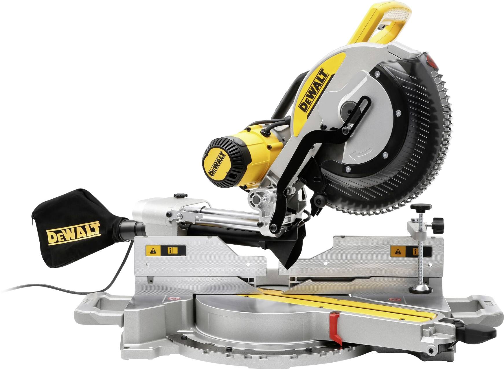 Pila pokosovací s žluto-černým designem s označením "DEWALT" umístěná na kovové základně, vhodná pro řezání dřeva.