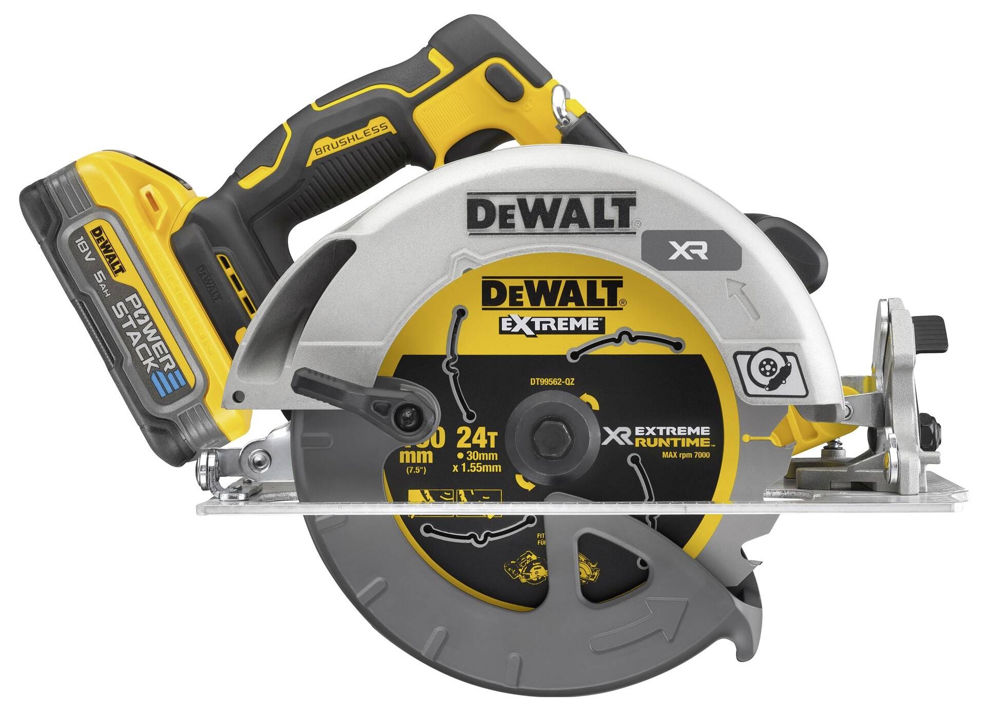 Elektrická okružní pila DeWalt s žluto-černým designem, která vykazuje značení XR Extreme Runtime a list se 24 zuby.