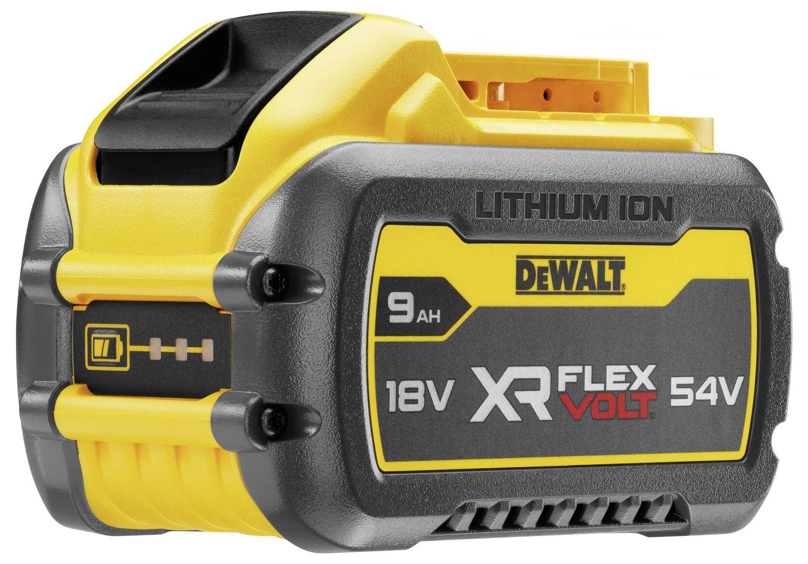 Baterie DEWALT 18V XR FLEXVOLT 54V 9AH Lithium Ion ve žluté a černé barvě s indikátorem kapacity.