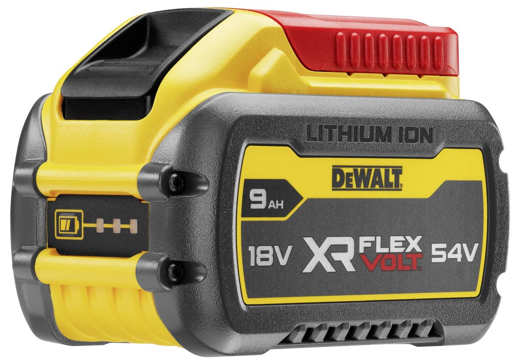 Žlutá a černá lithium-iontová baterie s textem udávajícím "18V XR Flex Volt 54V, 9AH".