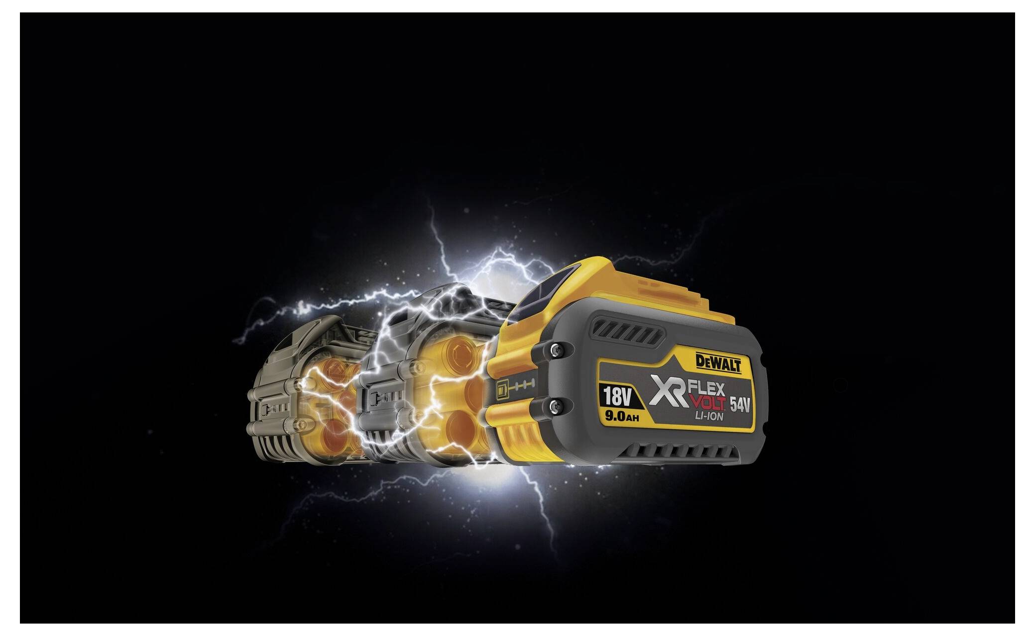 Baterie DeWalt XR FLEXVOLT 18V až 54V s visuálním efektem elektrické energie, znázorňující výkonný a univerzální příslušenství elektrického nářadí.