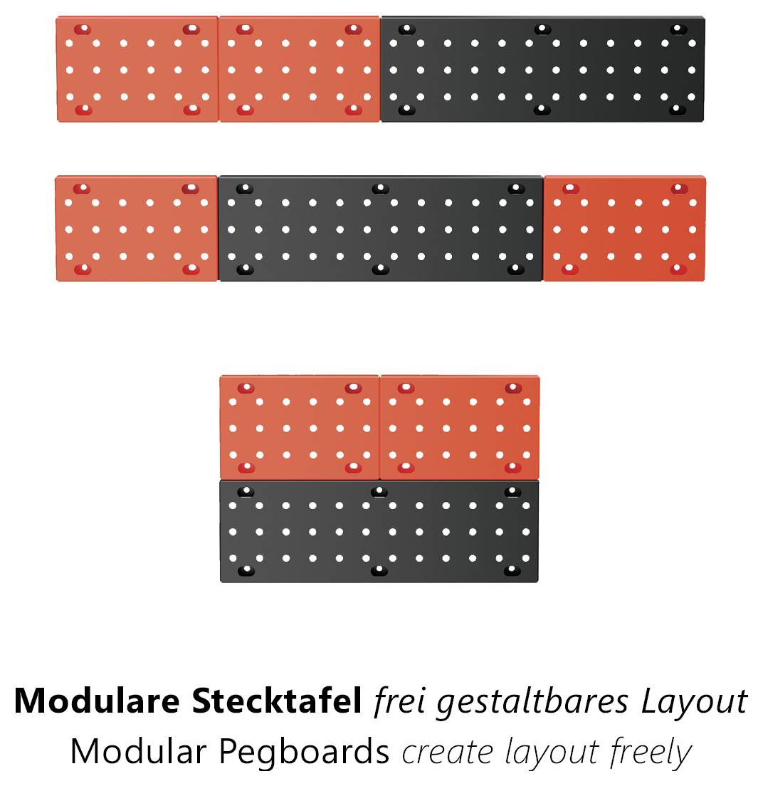 "Modulární pegboardy umožňují volné vytváření rozvržení." Obrázek zobrazuje tři rozvržení pegboardu: vodorovné, diagonální a čtvercové uspořádání v červené a černé barvě.