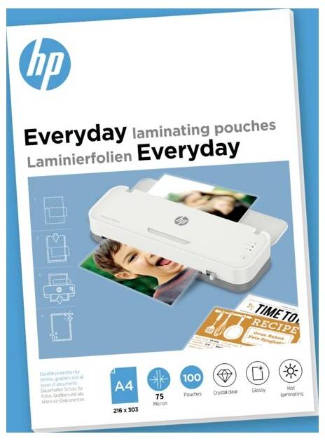 Balení „HP Everyday laminovacích obálek" zobrazující laminovací stroj s lesklými fotografiemi, ikonami pro velikost A4, tloušťku 75 mikronů a 100 obálek.