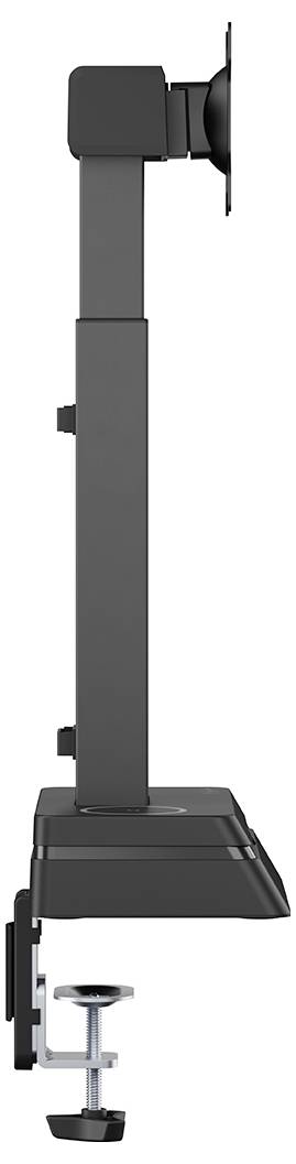 Boční pohled na nastavitelný černý stojan na monitor s upínkou pro připevnění ke stolu.