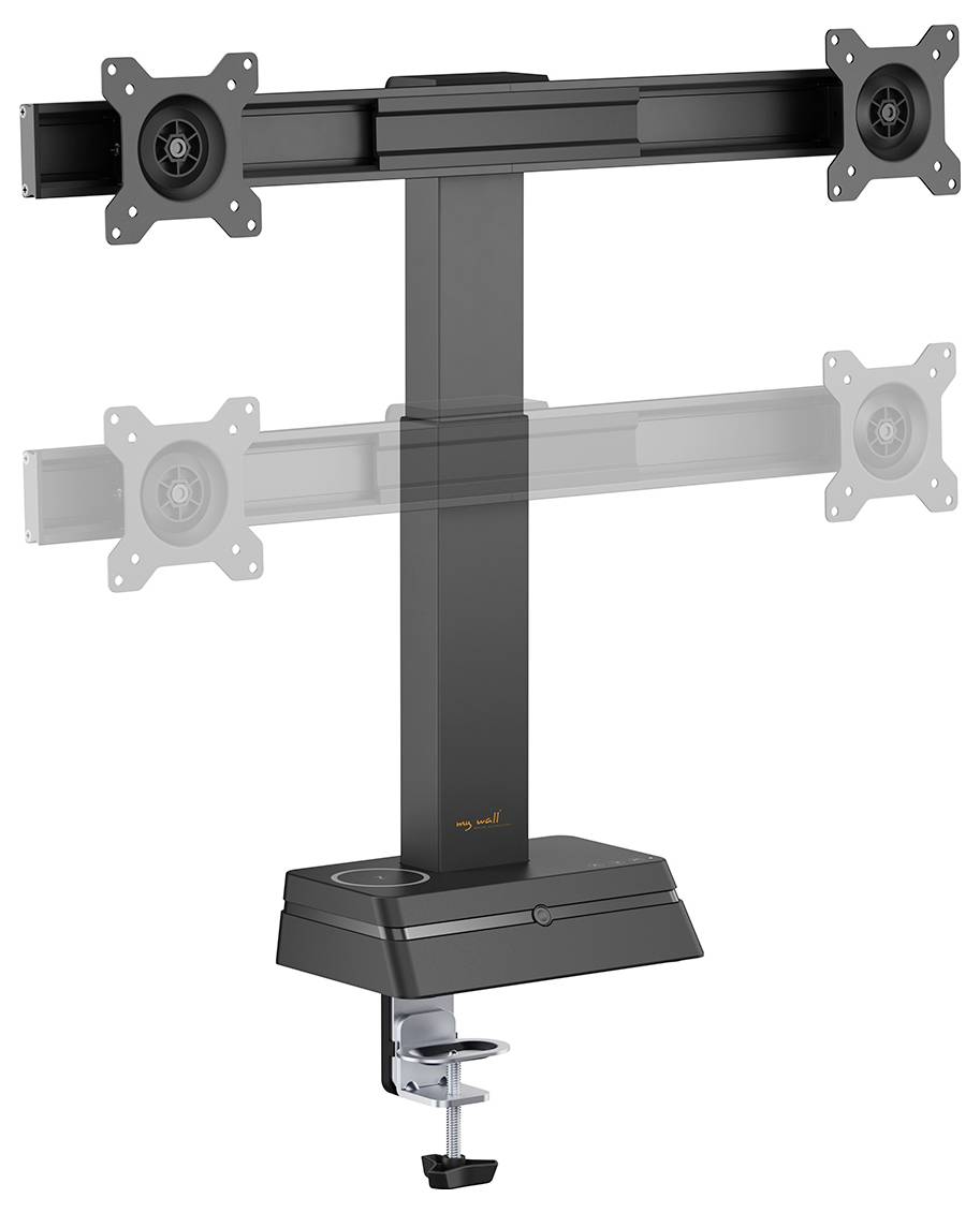 Černý duální stojan na monitory s nastavitelnými rameny, určený k připevnění na stůl, vykazující schopnost vertikálního nastavení polohy a svorku pro stabilitu.