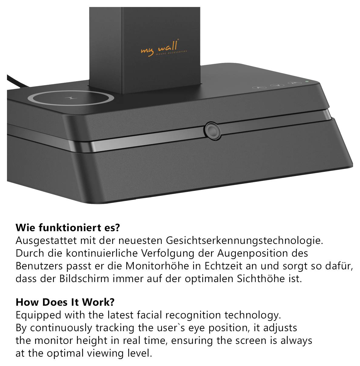 Černé zařízení s logem „mywall" na vrcholu; text vysvětluje, že sleduje pozici očí uživatele, aby udrželo obrazovku na optimální úrovni pro prohlížení.