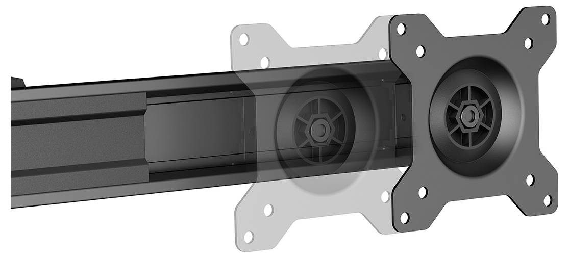Černá montážní konzola s nastavitelnými prodlužovacími rameny, ukazující dvě polohy desky pro připojení plochého monitoru nebo televize.
