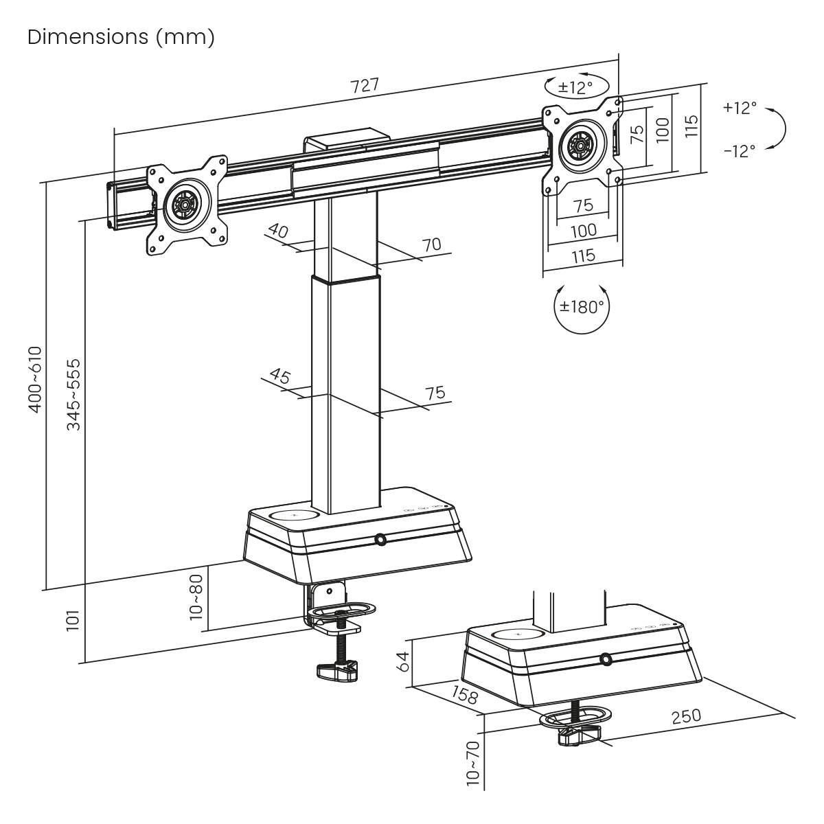 Diagram duálního monitoru s podrobnými rozměry v milimetrech, který ukazuje nastavitelnou výšku, polohy ramene a úhly rotace.