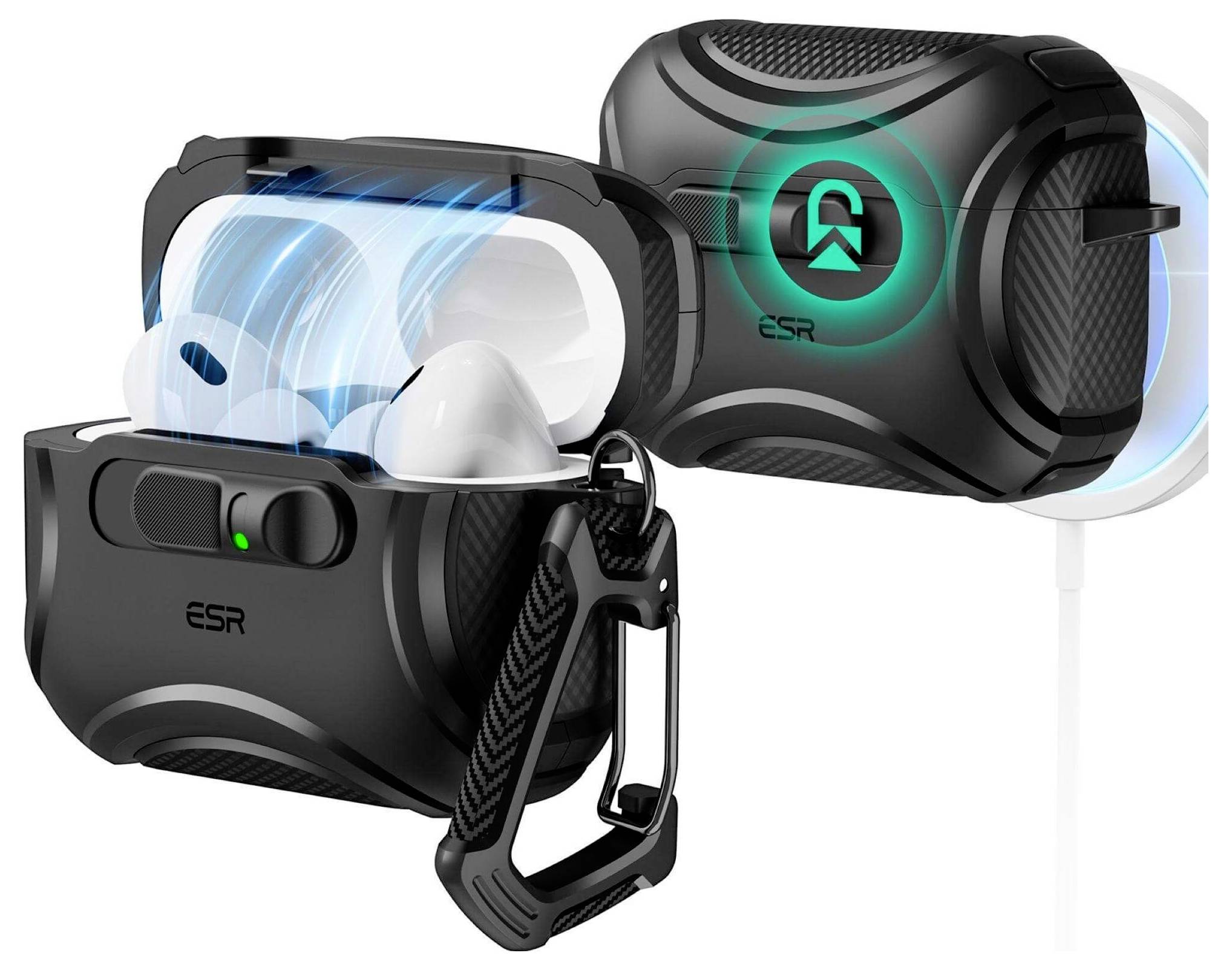 Černé pouzdra AirPods s texturou uhlíkových vláken s LED indikátory nabíjení a magnetickým víkem, která vykazují funkce proudění vzduchu a bezdrátového nabíjení.